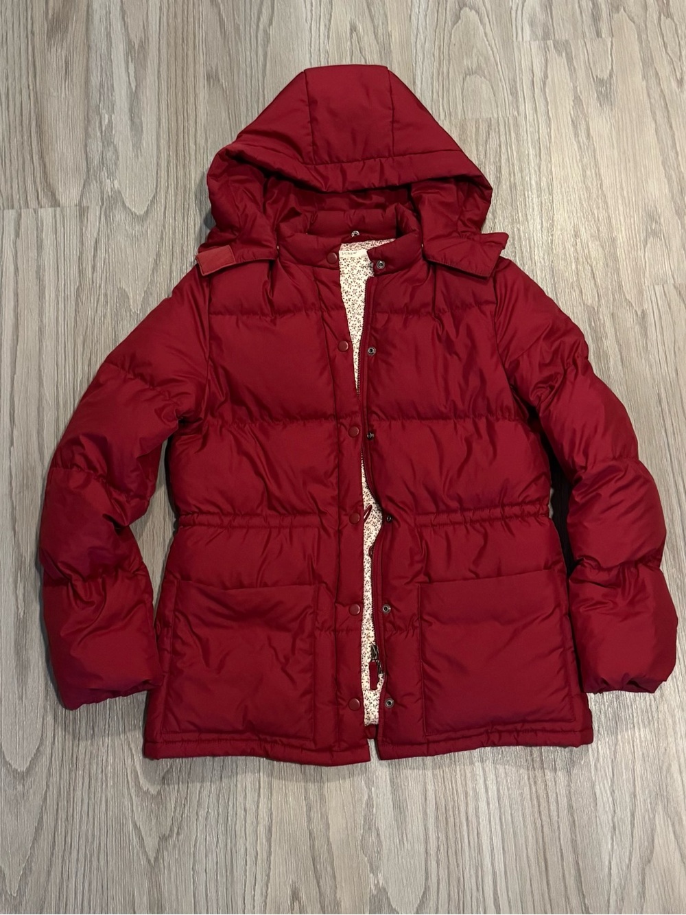 J.Crew Red Puffer Jacket Floral Lined Removable Hood Coat S